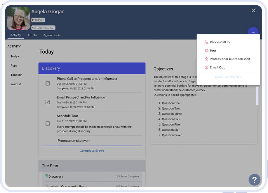 Eldermark CRM prospect record showing call, email, and tour scheduling options