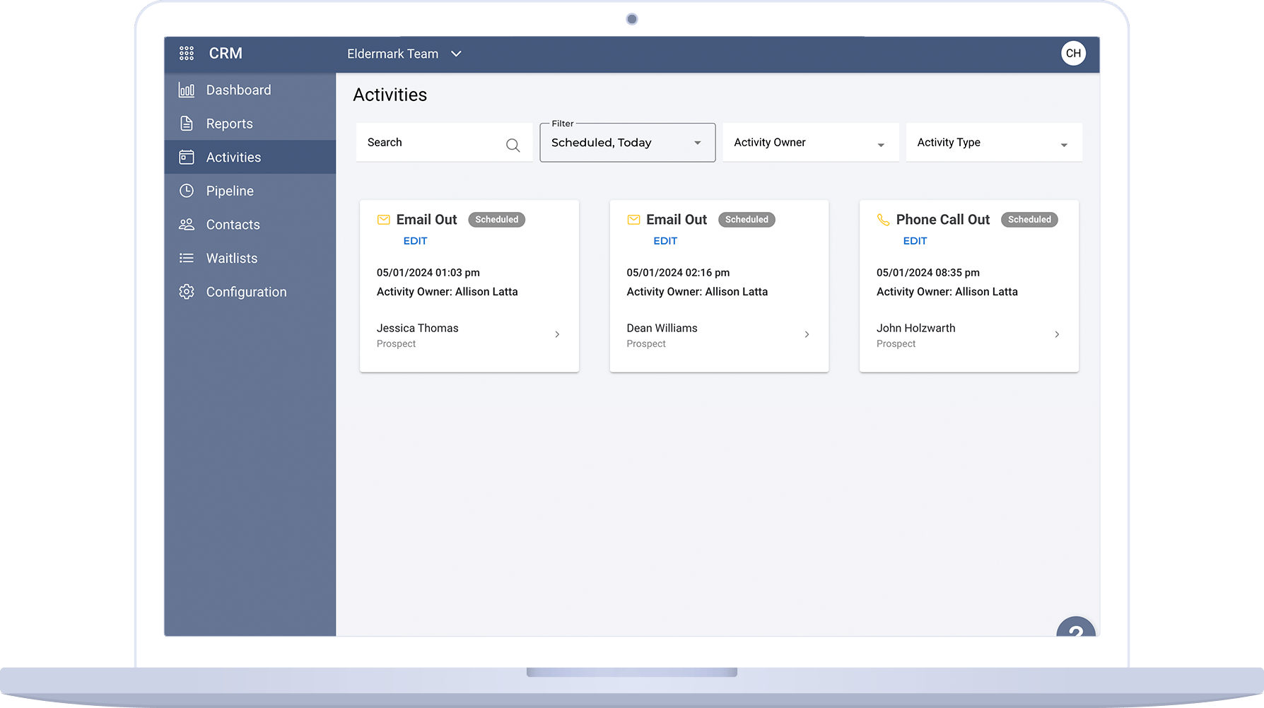 Eldermark CRM showing scheduled outgoing contact for the day