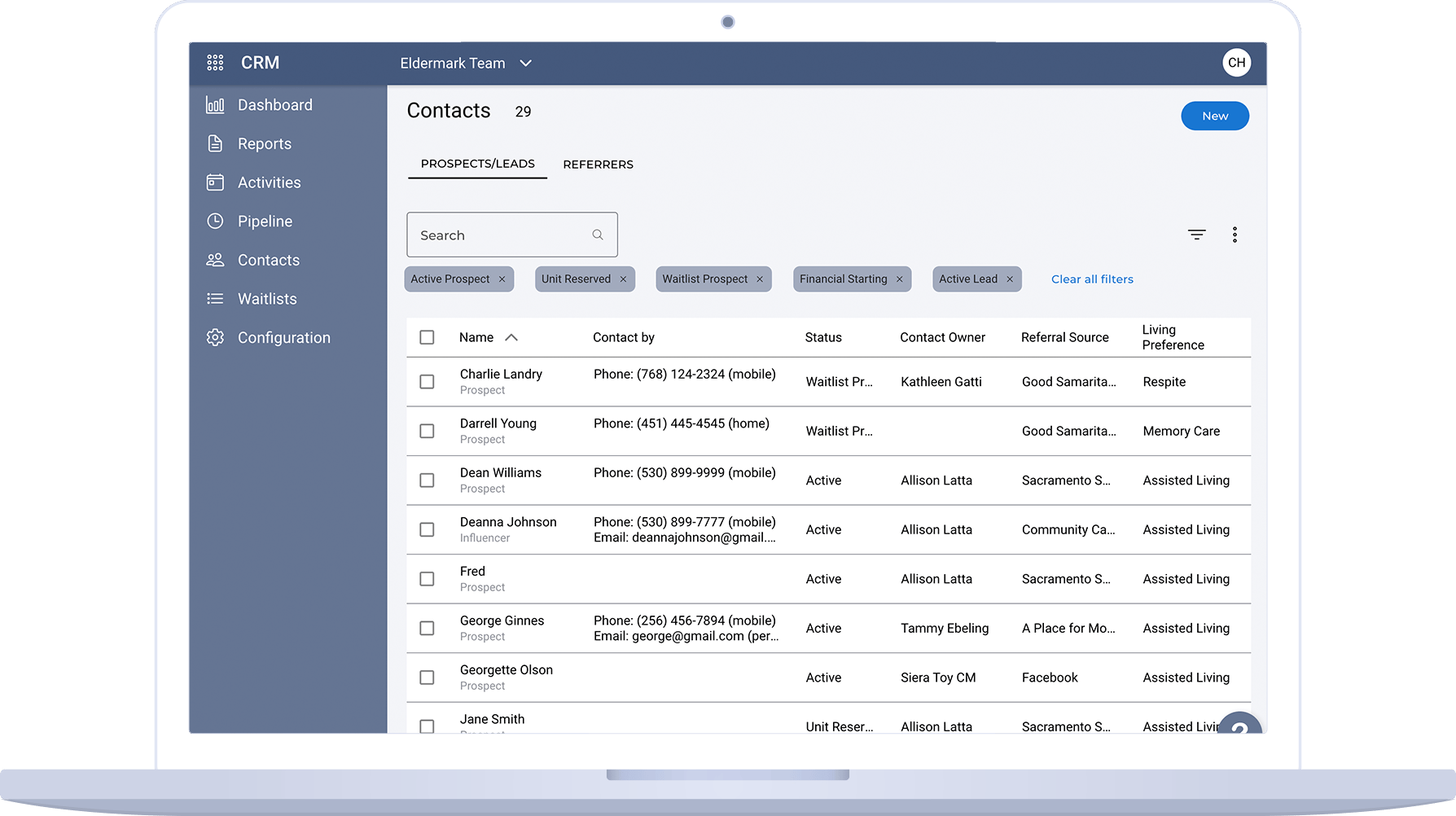 Eldermark CRM prospect list view