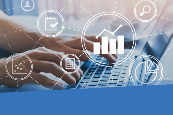 Hands typing on laptop with overlay icons for charts, checklists, and data, representing digital operational insights.