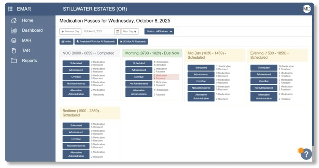 Eldermark eMAR on laptop — medication administration record showing scheduled medications for a resident