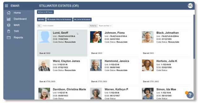Eldermark eMAR desktop — clinical leader monitoring medication administration activity building-wide