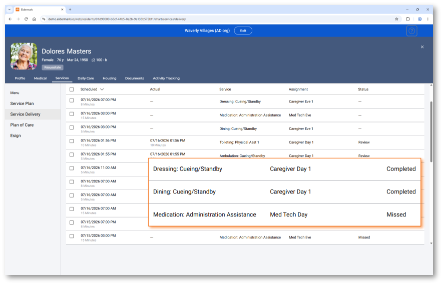 Eldermark service delivery log showing service status