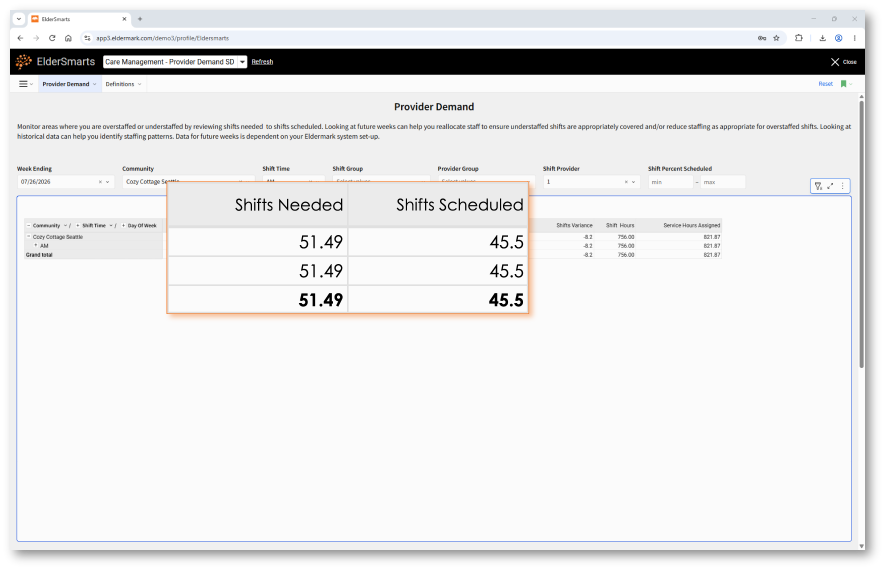 Eldermark shift balance and staffing gap summary screen