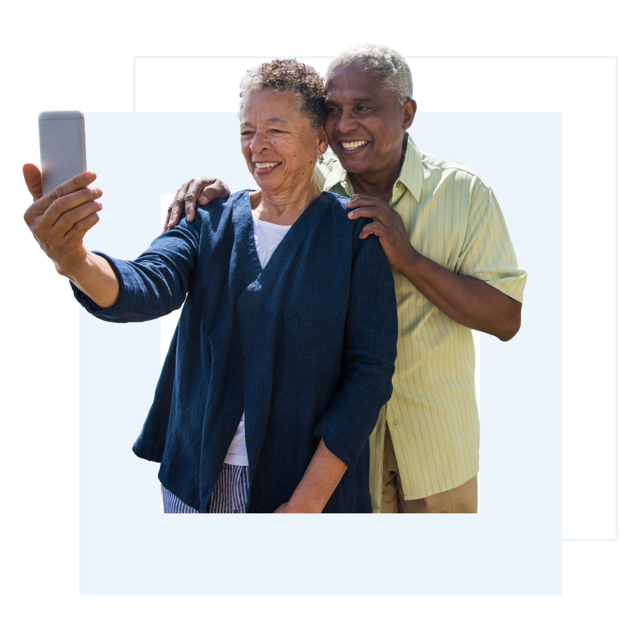 Family using a phone to research senior living options