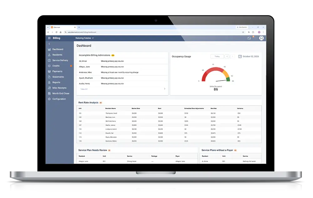 Eldermark Billing NEXT dashboard on laptop