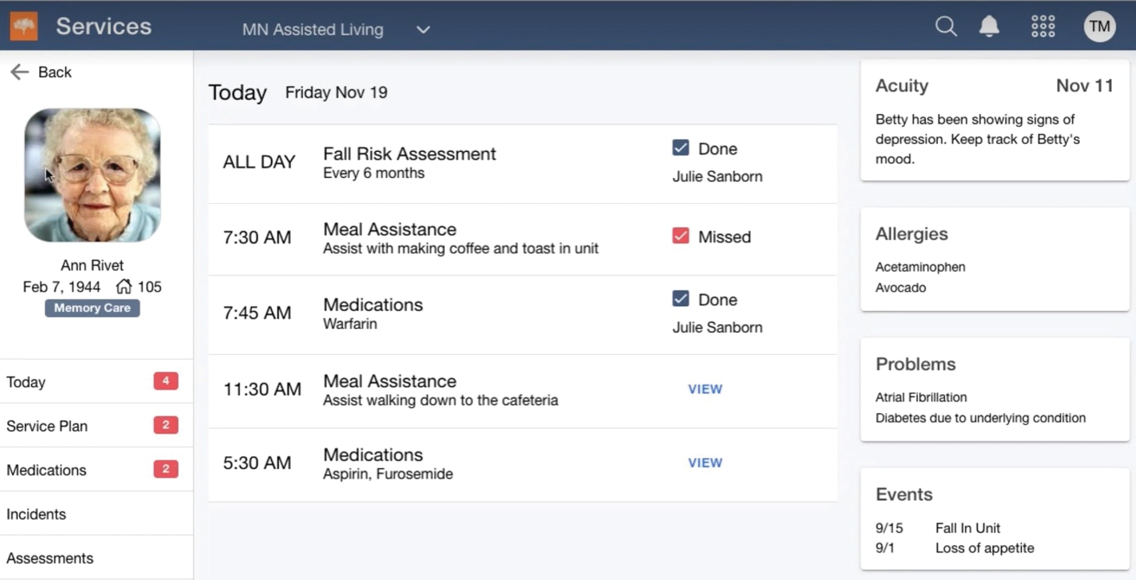 Eldermark NEXT — Resident care documentation screen