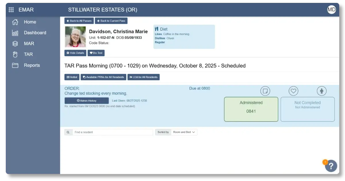 Eldermark eMAR in use at Stillwater Estates showing real-time medication administration status for a resident